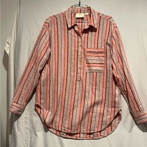 Anthropologie Linen Cotton Pink and Blue Striped Quarter Button Tunic Shirt